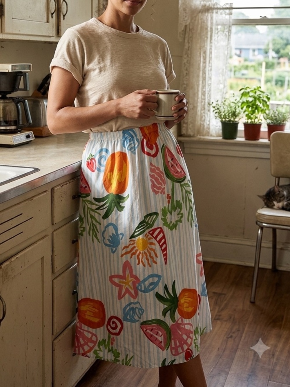 Calypso St. Bart Linen Blend Blue Striped Fruit Print Midi Skirt Size Small